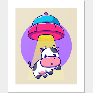 Cute Cow Sucked In UFO Spacecraft Cartoon Posters and Art